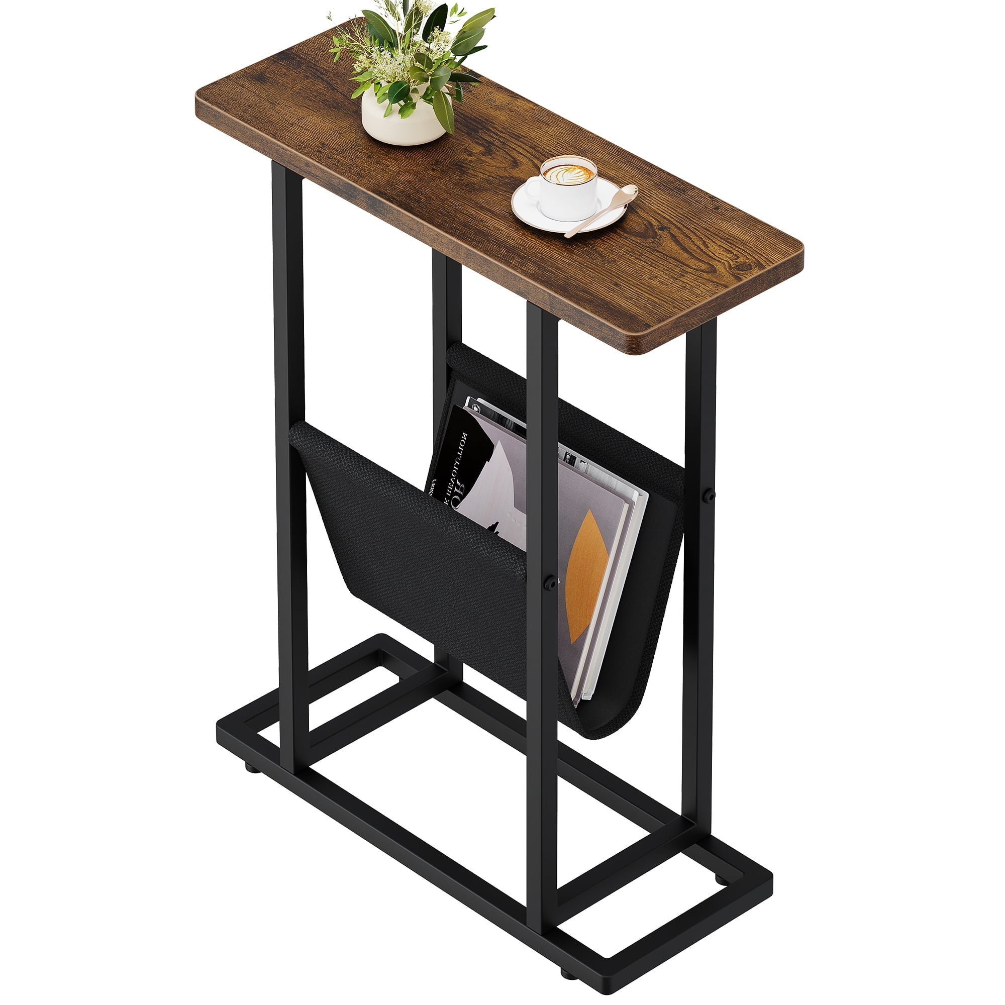 Narrow Side Table, Nightstand with Storage Shelf, Slim Magazine Table for Small Spaces, Narrow Side Snack Couch, End Table for living room, bedroom, hallway, Rustic Brown