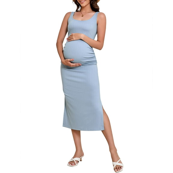 Yesfashion Women Butterluxe Sleeveless Tank Maternity Dress Split Ruched Pregnancy Square Neck Bodycon Casual Baby Shower