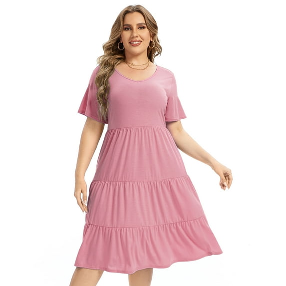 Yesfashion Women Casual Summer Dresses Loose Tshirt Beach Sundress V Neck Plus Size Swing Tunic Pockets