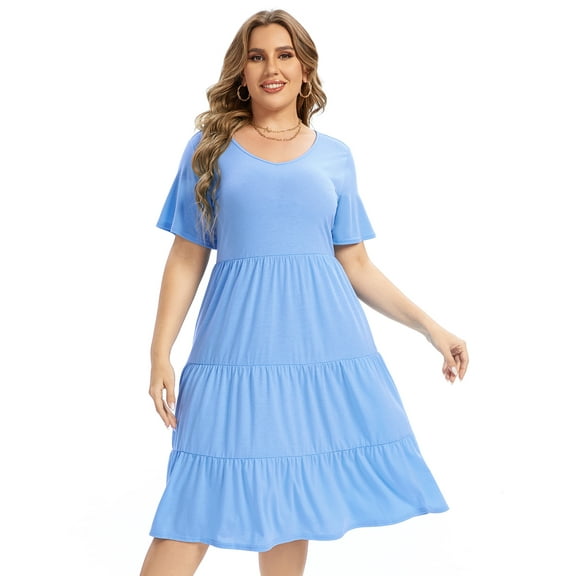 Yesfashion Women Casual Summer Dresses Loose Tshirt Beach Sundress V Neck Plus Size Swing Tunic Pockets