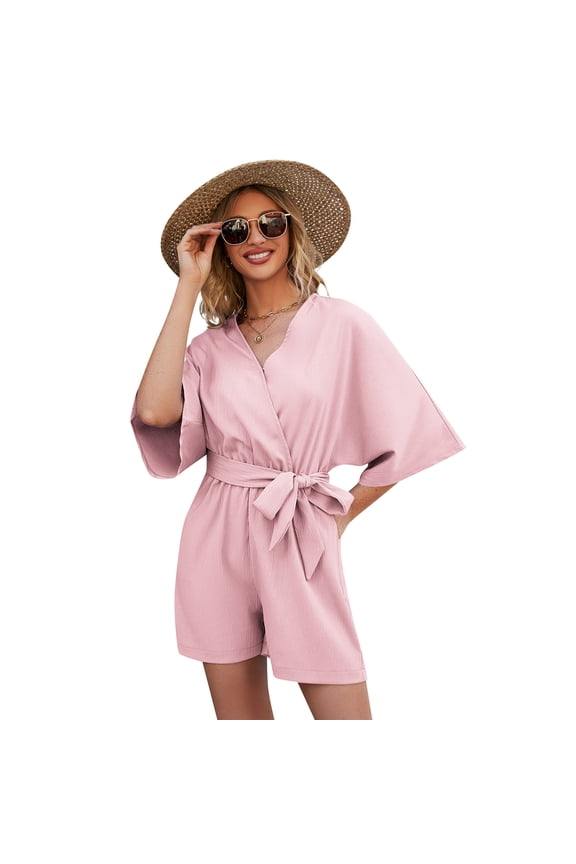 Women Casual V Neck Short Jumpsuits Belted Wrap Flared Half Sleeve Waist Tie Romper