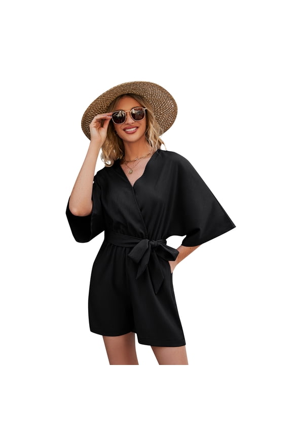 Women Casual V Neck Short Jumpsuits Belted Wrap Flared Half Sleeve Waist Tie Romper