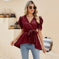 thumbnail image 1 of Yesfashion Women Dressy Deep V Neck Belted Tie Peplum Tops Empire Waist Wrap Blouse Puff Short Sleeve Shirt, 1 of 5