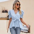 thumbnail image 1 of Yesfashion Women Dressy Deep V Neck Belted Tie Peplum Tops Empire Waist Wrap Blouse Puff Short Sleeve Shirt, 1 of 5