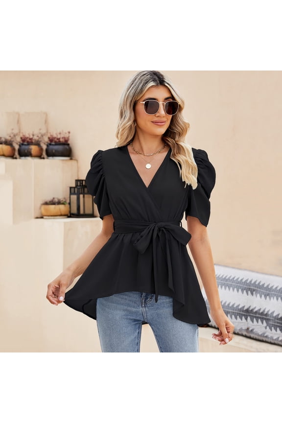 Women Dressy Deep V Neck Belted Tie Peplum Tops Empire Waist Wrap Blouse Puff Short Sleeve Shirt