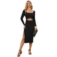 thumbnail image 1 of Yesfashion Women Long Sleeve Dress Knit Square Neck Slit Cutout Bodycon Fall Dresses, 1 of 5