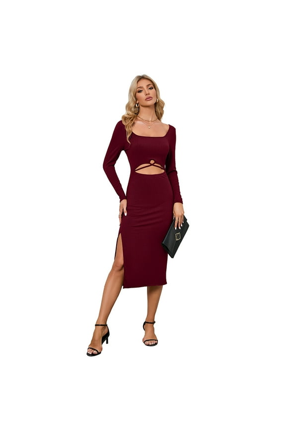 Women Long Sleeve Dress Knit Square Neck Slit Cutout Bodycon Fall Dresses