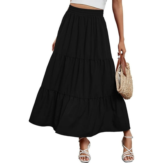 Yesfashion Women Maxi Skirt Boho Elastic High Waist Pleated A-line Flowy Ruffle Swing Tiered Long Beach Skirt