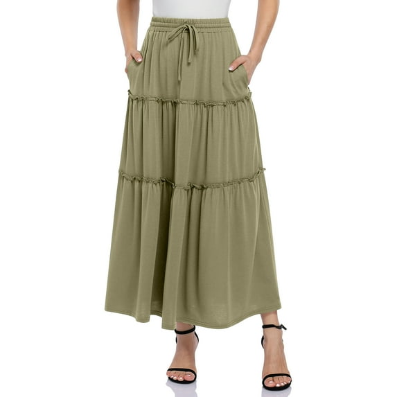 Yesfashion Women Maxi Skirt Boho Elastic High Waist Pleated A-line Flowy Ruffle Swing Tiered Long Beach Skirt