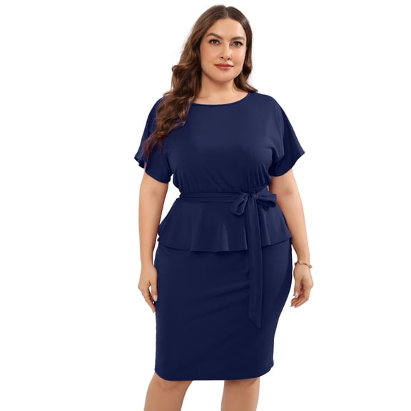 Yesfashion Women Plus Size Bodycon Elegant Midi Dress Peplum Business Office Sheath Cocktail Dress With Belt