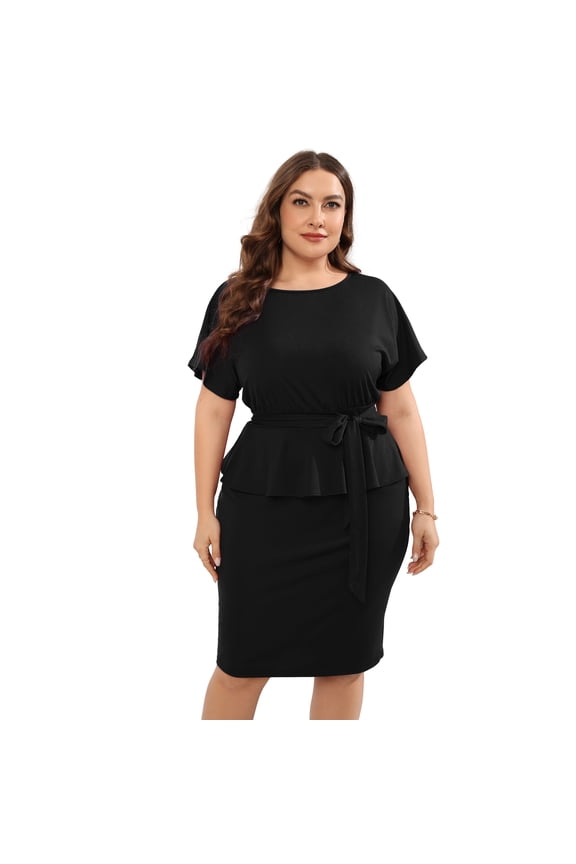Women Plus Size Bodycon Elegant Midi Dress Peplum Business Office Sheath Cocktail Dress With Belt