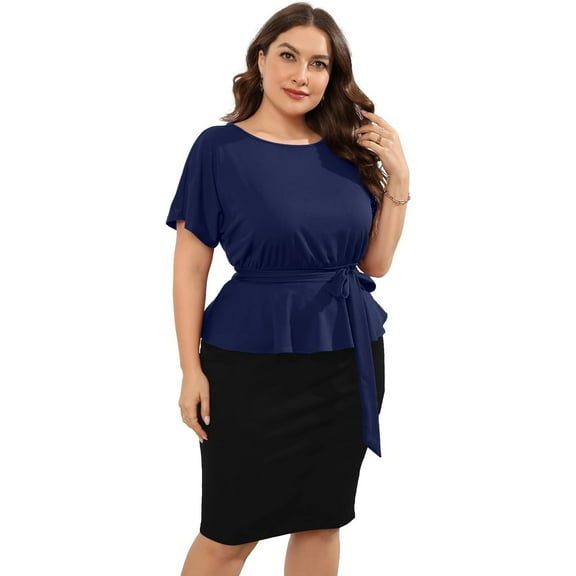 Yesfashion Women Plus Size Bodycon Elegant Midi Dress Peplum Business Office Sheath Cocktail Dress With Belt
