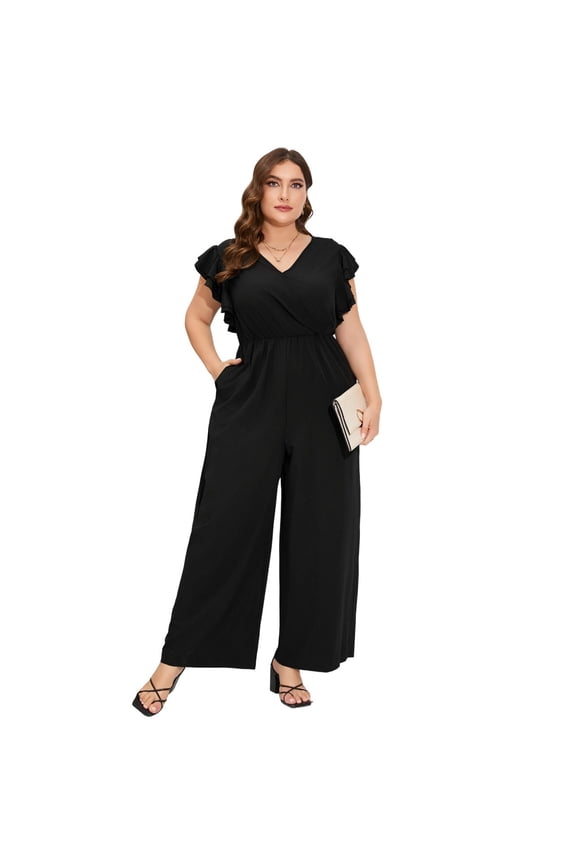 Women Plus Size Jumpsuit Wrap V Neck Ruffle Short Sleeves High Waist Wide Leg Romper Pants