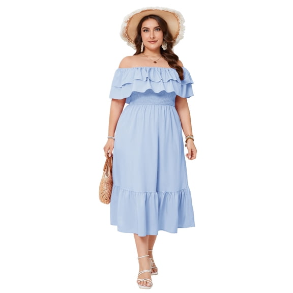 Yesfashion Women Plus Size Off Shoulder Maxi Dress Ruffle Flowy Casual Summer Boho Long Dresses