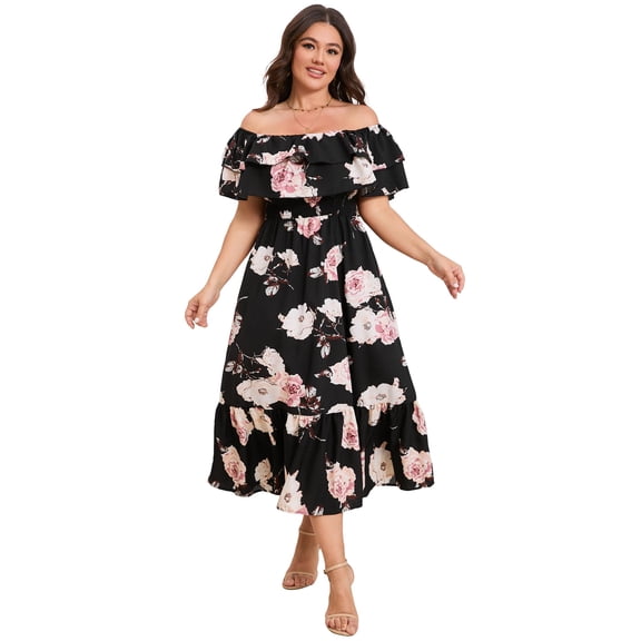 Yesfashion Women Plus Size Off Shoulder Maxi Dress Ruffle Flowy Casual Summer Boho Long Dresses