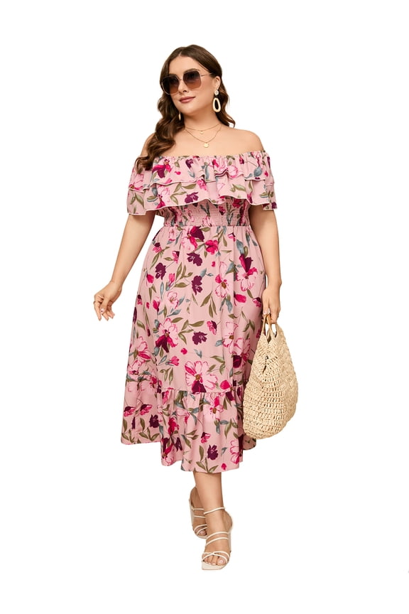 Women Plus Size Off Shoulder Maxi Dress Ruffle Flowy Casual Summer Boho Long Dresses