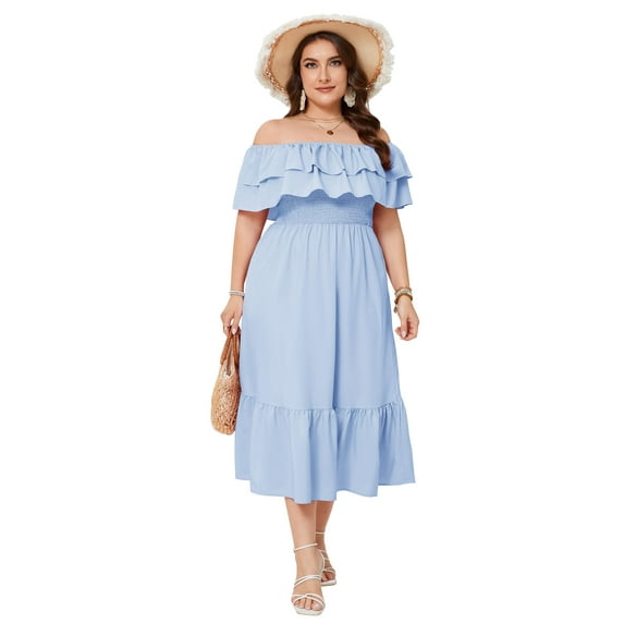 Yesfashion Women Plus Size Off Shoulder Maxi Dress Ruffle Flowy Casual Summer Boho Long Dresses