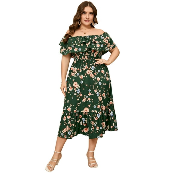 Yesfashion Women Plus Size Off Shoulder Maxi Dress Ruffle Flowy Casual Summer Boho Long Dresses