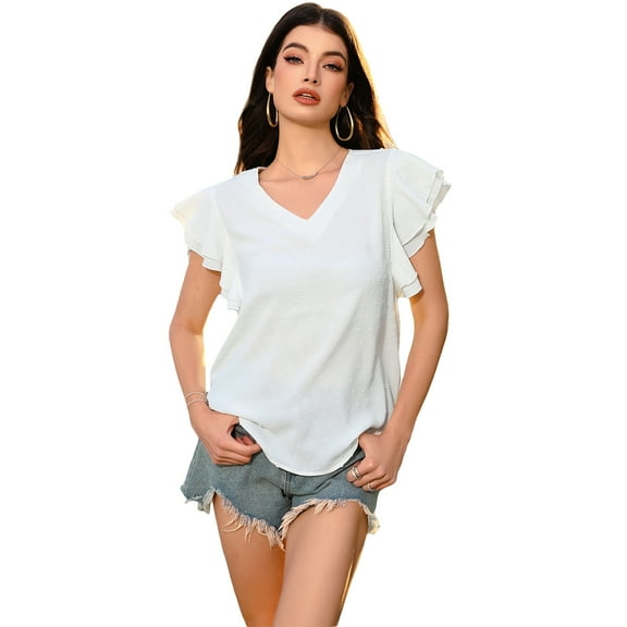 Yesfashion Women Trendy Tops Cap Sleeve V Neck Swiss Dot Chiffon Blouse Flowy Loose Fitting Teen T-Shirt