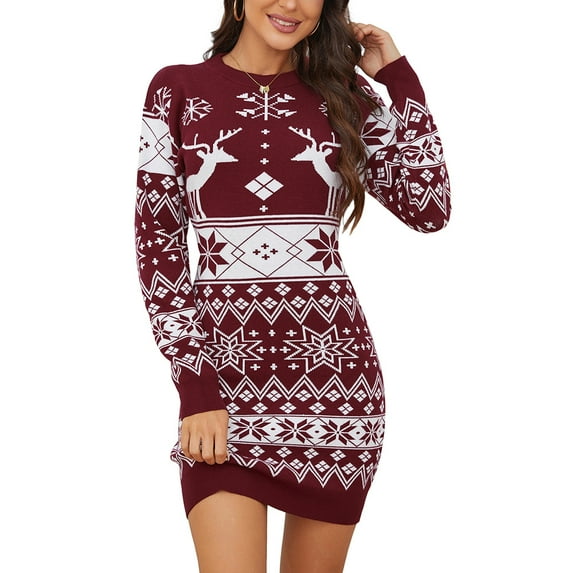 Yesfashion Women Ugly Christmas Sweater Dress Printed Long Sleeve Knit Mini Dress Xmas Tunic Dress