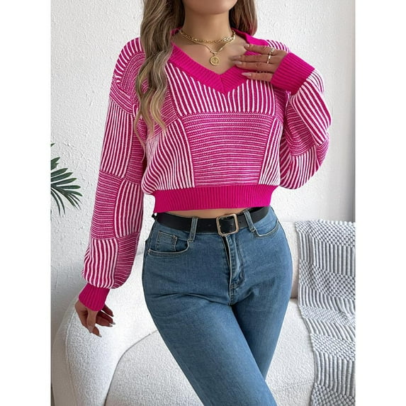 Yesfashion Women's 2025 Fall V-Neck Cropped Sweater Long Latern Sleeve Ribbed Knit Pullover Crop Tops