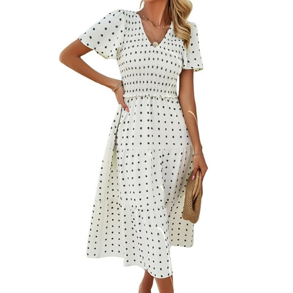 Yesfashion Women's 2025 Summer Dress Polka Point Regular Short-Sleeve V-Neck Swing Dresses