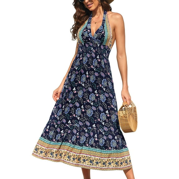 Yesfashion Women's Boho Deep V Neck Backless Flowy Floral Maxi Beach Dress
