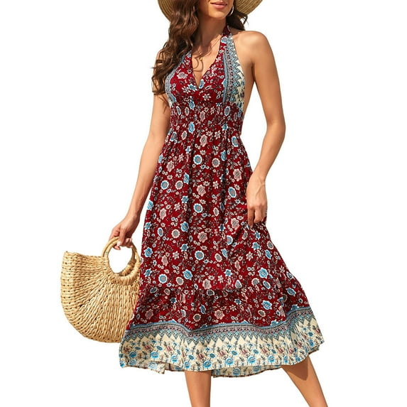 Yesfashion Women's Boho Deep V Neck Backless Flowy Floral Maxi Beach Dress