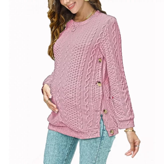 Yesfashion Women's Cable Knit Maternity Tops Round Neck Long Sleeve Pregnancy Nursing Pullover Sweatshirt Double Split with Buttons