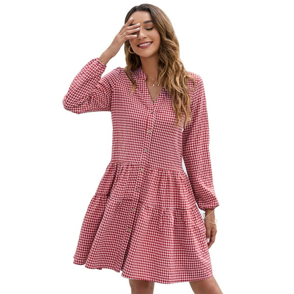 Yesfashion Women's Casual Plaid Dress Long Sleeve V Neck Button Down Ruffle Swing Pleated Short Mini Dress