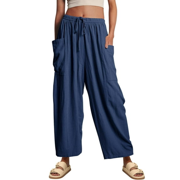 Yesfashion Women's Casual Summer Baggy Palazzo Pants Drawstring High Waisted Wide Leg Harem Pockets Pants