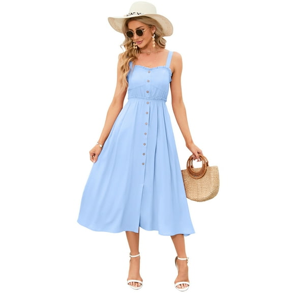 Yesfashion Women's Casual Summer Dress Spaghetti Strap Button Down Sleeveless A-Line Beach Swing Midi Sundress