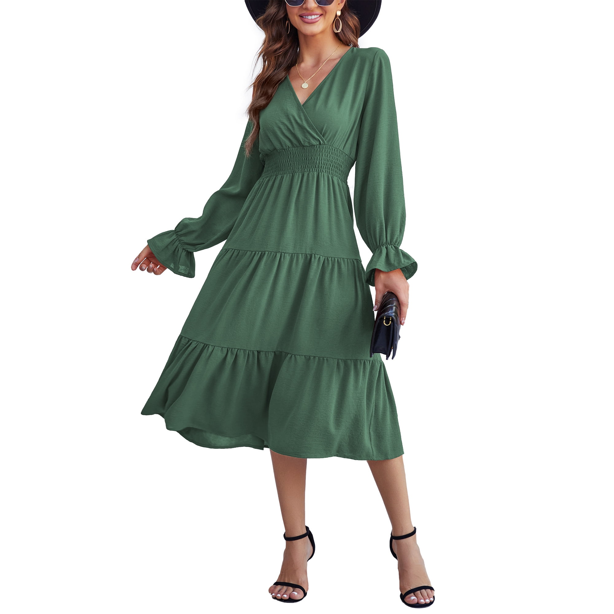 green dress yesstyle Yesfashion Women's Casual Wrap V Neck Midi Long Sleeve Smocked Waist Tiered A Line Pleated Flowy Dresses midi_dresses_collection