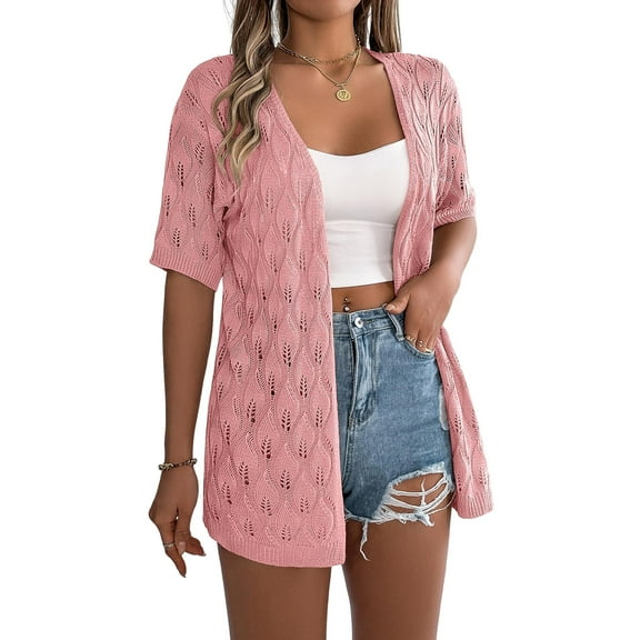 Yesfashion Women's Crochet Knit Open Front V-Neck Button Down Summer Short Sleeve Lightweight Cardigan Sweater