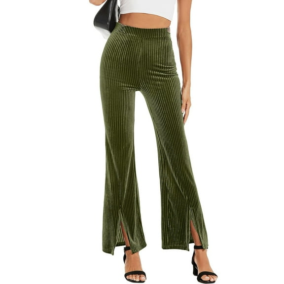 Yesfashion Women's Flare Velvet Corduroy Leggings Elastic High Waist Bootcut Front Split Ribbed Yoga Pants