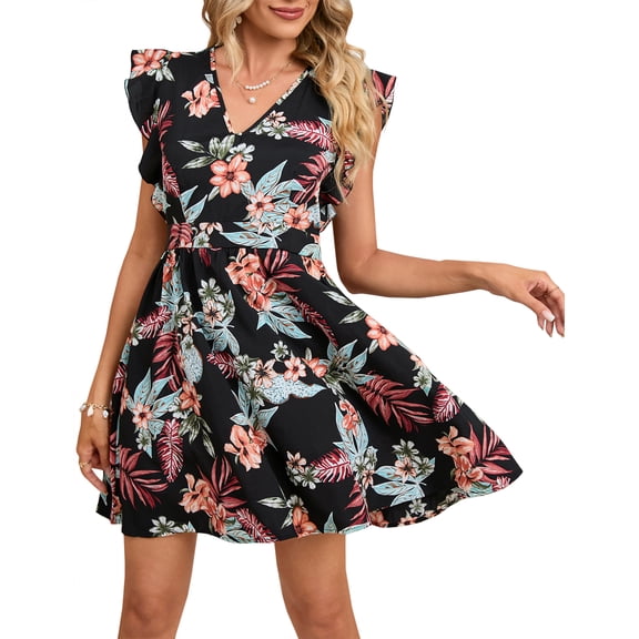 Yesfashion Women's Floral Plunging V Neck Tie Open Back Summer Short Dress