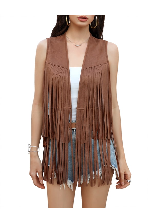 Women's Fringe Vest 70s Hippie Sleeveless Tassel Long Cardigan Jacket Cowgirl Western Tops