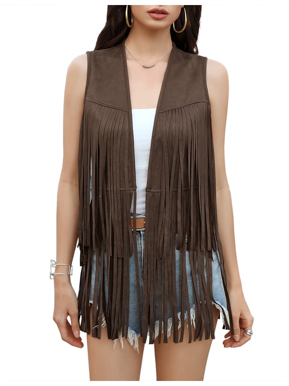 Women's Fringe Vest 70s Hippie Sleeveless Tassel Long Cardigan Jacket Cowgirl Western Tops