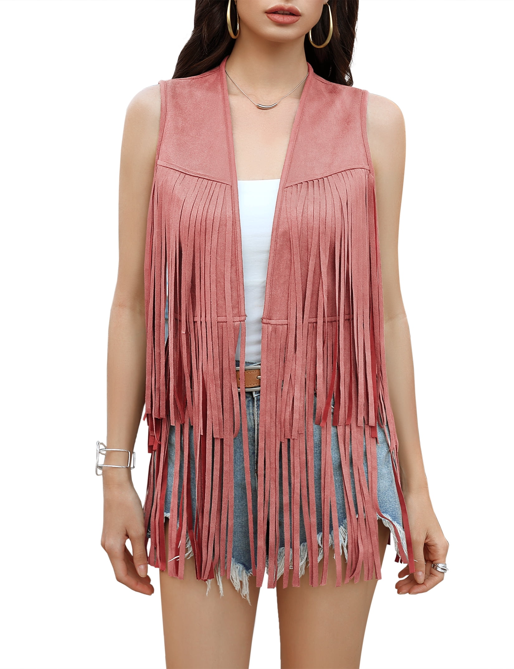 Yesfashion Women's Fringe Vest 70s Hippie Sleeveless Tassel Long Cardigan Jacket Cowgirl Western Tops