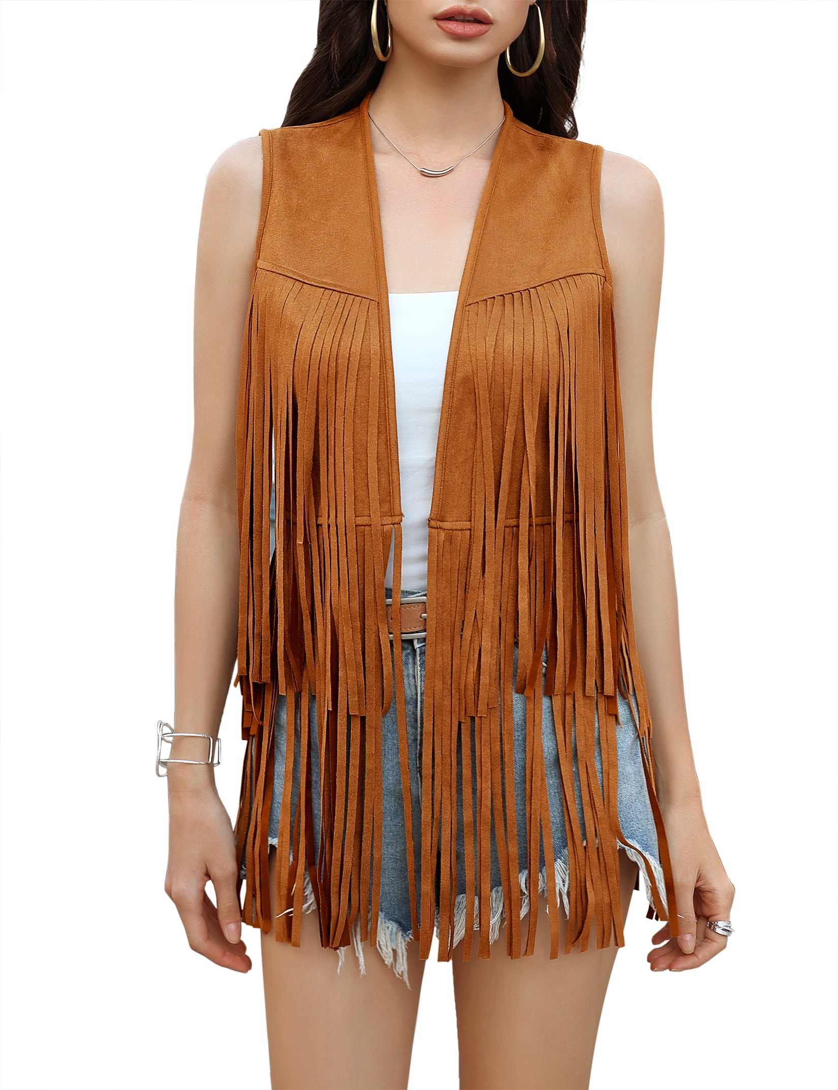 Yesfashion Women's Fringe Vest 70s Hippie Sleeveless Tassel Long Cardigan Jacket Cowgirl Western Tops