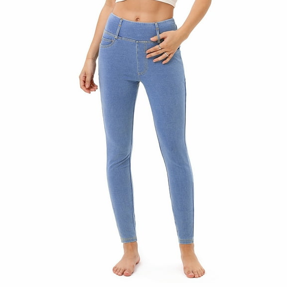 Yesfashion Women's Jeans High Waist Faux Denim Leggings With Pockets