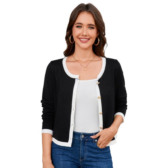 Yesfashion Women's Knit Cardigan Crewneck Metal Button Long Sleeve Lightweight Sweater Cardigans