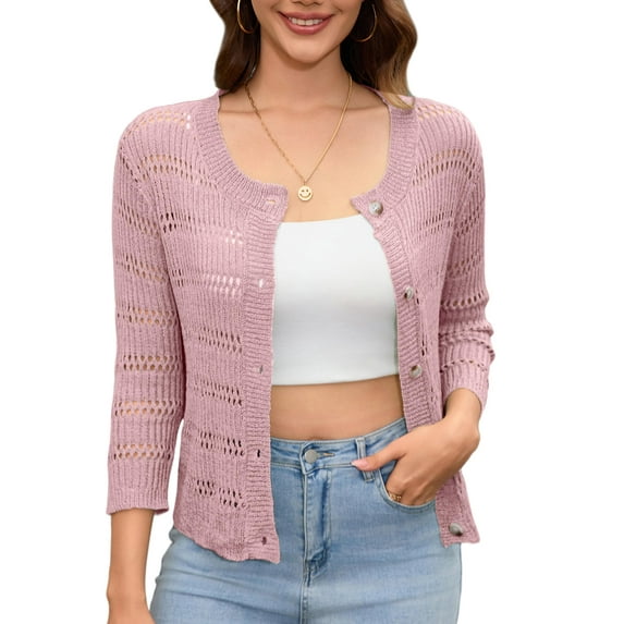 Yesfashion Women's Lightweight Crochet Cardigan 3/4 Sleeve Cropped V Neck Button Shrug Knit Sweater Tops