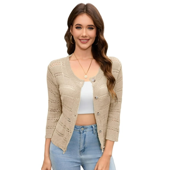 Yesfashion Women's Lightweight Crochet Cardigan 3/4 Sleeve Cropped V Neck Button Shrug Knit Sweater Tops