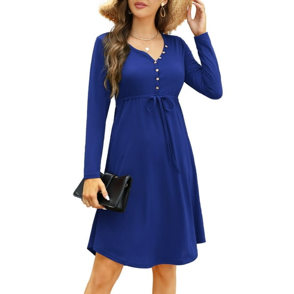 Yesfashion Women’s Long Sleeve Casual Dress V Neck Drawstring Irregular Hem Tunic Shift Midi Dress