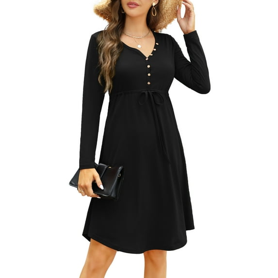 Yesfashion Women’s Long Sleeve Casual Dress V Neck Drawstring Irregular Hem Tunic Shift Midi Dress