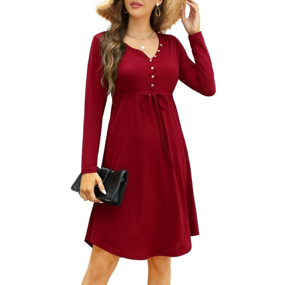 Yesfashion Women’s Long Sleeve Casual Dress V Neck Drawstring Irregular Hem Tunic Shift Midi Dress