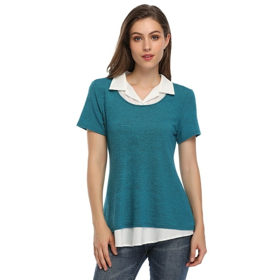 Yesfashion Women's Long Sleeve Contrast Collared Shirts Patchwork Work Blouse Tunics Tops