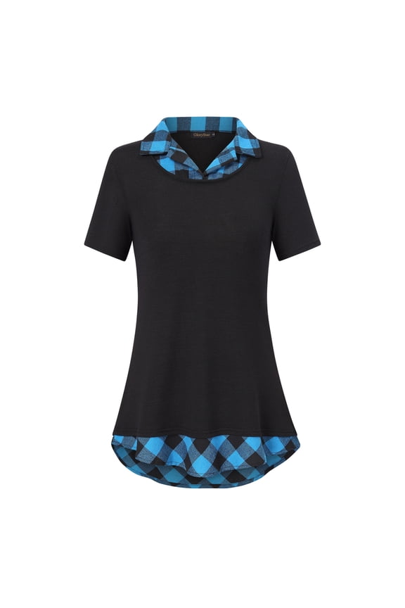 Women's Long Sleeve Contrast Collared Shirts Patchwork Work Blouse Tunics Tops