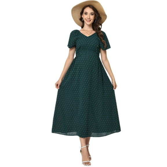 Yesfashion Women's Long Sleeve Maternity Dress V Neck Swiss Dot Casual Loose Short Dresses